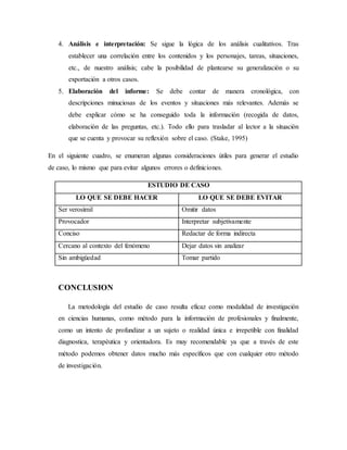 4. Análisis e interpretación: Se sigue la lógica de los análisis cualitativos. Tras
establecer una correlación entre los contenidos y los personajes, tareas, situaciones,
etc., de nuestro análisis; cabe la posibilidad de plantearse su generalización o su
exportación a otros casos.
5. Elaboración del informe: Se debe contar de manera cronológica, con
descripciones minuciosas de los eventos y situaciones más relevantes. Además se
debe explicar cómo se ha conseguido toda la información (recogida de datos,
elaboración de las preguntas, etc.). Todo ello para trasladar al lector a la situación
que se cuenta y provocar su reflexión sobre el caso. (Stake, 1995)
En el siguiente cuadro, se enumeran algunas consideraciones útiles para generar el estudio
de caso, lo mismo que para evitar algunos errores o definiciones.
ESTUDIO DE CASO
LO QUE SE DEBE HACER LO QUE SE DEBE EVITAR
Ser verosímil Omitir datos
Provocador Interpretar subjetivamente
Conciso Redactar de forma indirecta
Cercano al contexto del fenómeno Dejar datos sin analizar
Sin ambigüedad Tomar partido
CONCLUSION
La metodología del estudio de caso resulta eficaz como modalidad de investigación
en ciencias humanas, como método para la información de profesionales y finalmente,
como un intento de profundizar a un sujeto o realidad única e irrepetible con finalidad
diagnostica, terapéutica y orientadora. Es muy recomendable ya que a través de este
método podemos obtener datos mucho más específicos que con cualquier otro método
de investigación.
 