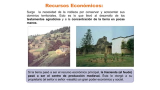 Recursos Económicos:
Surge la necesidad de la nobleza por conservar y acrecentar sus
dominios territoriales. Esto es lo que llevó al desarrollo de los
testamentos agnaticios y a la concentración de la tierra en pocas
manos.
Si la tierra pasó a ser el recurso económico principal, la Hacienda (el feudo)
pasó a ser el centro de producción medieval. Ésta le otorgó a su
propietario (el señor o señor -vasallo) un gran poder económico y social.
 