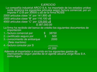 EJERCICIO La compañía industrial ARCO S.A. ha importado de los estados unidos norte América los siguientes artículos según factura comercial, por un importe F.O.B por 30000 u.s$ de la firma ROSS 2000 artículos clase “A” por 141,900 u$ 3500 artículos clase “B” por 116,100 u$ 4500 artículos clase “C” por  129,000 u$ $ 387,000.00 La firma ha recibido del banco de crédito los siguientes documentos de importación 1.- factura comercial por  $  38700 2.- certificado seguro por  $  500 3.- conocimiento de embarque  2000  (flete marítimo) 4.- factura consular por $  ----------  41,200 Además el importador a incurrido en los siguientes gastos de internamiento según planilla de el agente aduana Jorge Ríos S.A. como sigue: 