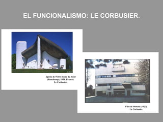 EL FUNCIONALISMO: LE CORBUSIER.
Iglesia de Notre Dame du Haut
(Ronchamp), 1954. Francia.
Le Corbusier.
Villa de Monzie (1927).
Le Corbusier.
 