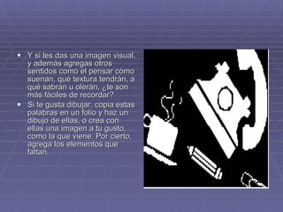 Y si les das una imagen visual, y además agregas otros sentidos como el pensar cómo suenan, qué textura tendrán, a qué sabrán u olerán, ¿te son más fáciles de recordar?  Si te gusta dibujar, copia estas palabras en un folio y haz un dibujo de ellas, o crea con ellas una imagen a tu gusto, como la que viene. Por cierto, agrega los elementos que faltan.  