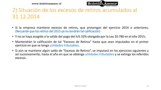 2) Situación de los excesos de retiros acumulados al
31.12.2014
• Si la empresa mantiene excesos de retiros, que provengan del ejercicio 2014 o anteriores;
(Recuerde que los retiros del 2015 ya no tendrán tal calificación)
• Y no se haya acogido a la salida del pago del IUS 32% otorgado por la Ley 20.780 en el año 2015;
• Mantendrán la calificación de tal “Excesos de Retiros” hasta que sean imputados en el primer
ejercicio en que se tenga utilidades tributables;
• Si aún se mantiene algún saldo de “Excesos de Retiros”, se imputará en los ejercicios siguientes y
así sucesivamente, hasta el año en que se obtenga utilidades tributables y se extinga los referidos
excesos.
10Boletin Asesor
 