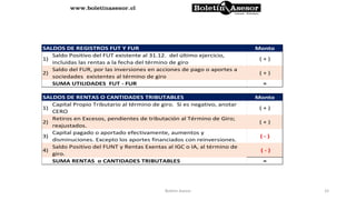 Monto
1)
Saldo Positivo del FUT existente al 31.12. del último ejercicio,
incluidas las rentas a la fecha del término de giro
( + )
2)
Saldo del FUR, por las inversiones en acciones de pago o aportes a
sociedades existentes al término de giro
( + )
SUMA UTILIDADES FUT - FUR =
Monto
1)
Capital Propio Tributario al término de giro. Si es negativo, anotar
CERO
( + )
2)
Retiros en Excesos, pendientes de tributación al Término de Giro;
reajustados.
( + )
3)
Capital pagado o aportado efectivamente, aumentos y
disminuciones. Excepto los aportes financiados con reinversiones.
( - )
4)
Saldo Positivo del FUNT y Rentas Exentas al IGC o IA, al término de
giro.
( - )
SUMA RENTAS o CANTIDADES TRIBUTABLES =
SALDOS DE RENTAS O CANTIDADES TRIBUTABLES
SALDOS DE REGISTROS FUT Y FUR
33Boletin Asesor
 