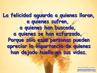 La felicidad aguarda a quienes lloran,  a quienes sufren,  a quienes han buscado,  a quienes se han esforzado,  Porque sólo esas personas pueden apreciar la importancia de quienes han dejado huella en sus vidas . 