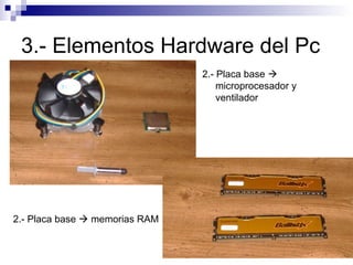 3.- Elementos Hardware del Pc 2.- Placa base    microprocesador y ventilador 2.- Placa base    memorias RAM 