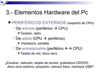 3.- Elementos Hardware del Pc PERIFÉRICOS EXTERNOS   (respecto de CPU) De  entrada  (periférico    CPU) Teclado, ratón De  salida  (CPU    periférico) Impresora, pantalla De  entrada/salida  (periférico    CPU) Tarjeta de red, disco duro ¿Escáner, webcam, tarjeta de sonido, grabadora CD/DVD, disco duro externo, proyector, cámara fotos, memoria USB? 