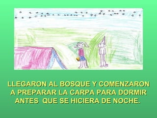 LLEGARON AL BOSQUE Y COMENZARON A PREPARAR LA CARPA PARA DORMIR ANTES  QUE SE HICIERA DE NOCHE.  