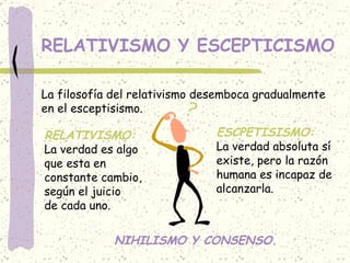 RELATIVISMO Y ESCEPTICISMO La filosofía del relativismo desemboca gradualmente en el esceptisismo. RELATIVISMO: La verdad es algo que esta en  constante cambio, según el juicio de cada uno. ESCPETISISMO: La verdad absoluta sí existe, pero la razón  humana es incapaz de  alcanzarla. NIHILISMO Y CONSENSO . 