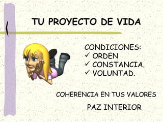 TU PROYECTO DE VIDA CONDICIONES: ORDEN CONSTANCIA. VOLUNTAD. COHERENCIA EN TUS VALORES PAZ INTERIOR 