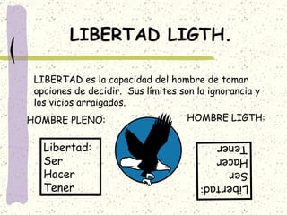 LIBERTAD LIGTH. LIBERTAD es la capacidad del hombre de tomar opciones de decidir.  Sus límites son la ignorancia y  los vicios arraigados. Libertad: Ser Hacer Tener Libertad: Ser Hacer Tener HOMBRE PLENO:  HOMBRE LIGTH: 