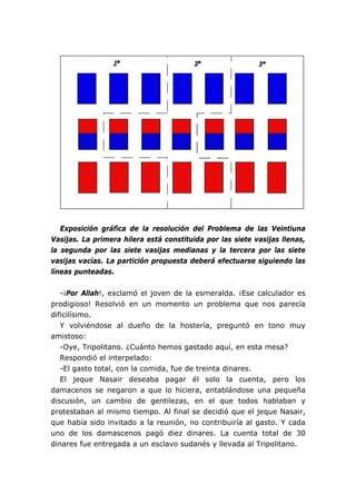 Exposición gráfica de la resolución del Problema de las Veintiuna
Vasijas. La primera hilera está constituida por las siete vasijas llenas,
la segunda por las siete vasijas medianas y la tercera por las siete
vasijas vacías. La partición propuesta deberá efectuarse siguiendo las
líneas punteadas.
-¡Por Allah!, exclamó el joven de la esmeralda. ¡Ese calculador es
prodigioso! Resolvió en un momento un problema que nos parecía
dificilísimo.
Y volviéndose al dueño de la hostería, preguntó en tono muy
amistoso:
-Oye, Tripolitano. ¿Cuánto hemos gastado aquí, en esta mesa?
Respondió el interpelado:
-El gasto total, con la comida, fue de treinta dinares.
El jeque Nasair deseaba pagar él solo la cuenta, pero los
damacenos se negaron a que lo hiciera, entablándose una pequeña
discusión, un cambio de gentilezas, en el que todos hablaban y
protestaban al mismo tiempo. Al final se decidió que el jeque Nasair,
que había sido invitado a la reunión, no contribuiría al gasto. Y cada
uno de los damascenos pagó diez dinares. La cuenta total de 30
dinares fue entregada a un esclavo sudanés y llevada al Tripolitano.
 