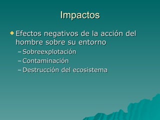 Impactos Efectos negativos de la acción del hombre sobre su entorno Sobreexplotación Contaminación Destrucción del ecosistema 