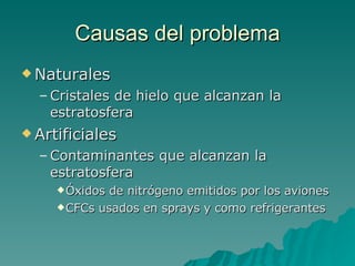 Causas del problema Naturales Cristales de hielo que alcanzan la estratosfera Artificiales Contaminantes que alcanzan la estratosfera Óxidos de nitrógeno emitidos por los aviones CFCs usados en sprays y como refrigerantes 