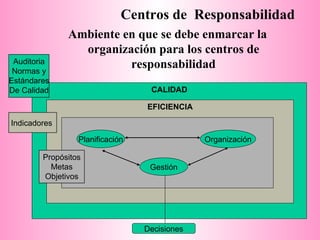 Ambiente en que se debe enmarcar la organización para los centros de responsabilidad C entros de  Responsabilidad CALIDAD EFICIENCIA Planificación Gestión Organización Decisiones Auditoria Normas y Estándares De Calidad Indicadores  Propósitos Metas Objetivos 