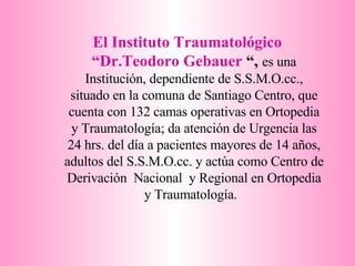 El Instituto Traumatológico “Dr.Teodoro Gebauer   “,   es una Institución, dependiente de S.S.M.O.cc., situado en la comuna de Santiago Centro, que cuenta con 132 camas operativas en Ortopedia y Traumatología; da atención de Urgencia las 24 hrs. del día a pacientes mayores de 14 años, adultos del S.S.M.O.cc. y actúa como Centro de Derivación  Nacional  y Regional en Ortopedia y Traumatología.          