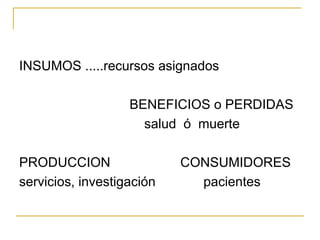INSUMOS .....recursos asignados BENEFICIOS o PERDIDAS salud  ó  muerte PRODUCCION  CONSUMIDORES servicios, investigación  pacientes  