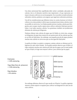 E l Huer to S u stent able
6
Una dieta nutricional bien equilibrada debe incluir cantidades adecuadas de
calorías: éste es el elemento nutritivo más importante y el que representa un
mayor reto para cultivarse en un área pequeña. Si en una dieta variada incluimos
suficientes calorías, podemos casi asegurar que ingerimos suficientes proteínas.
Una de las consideraciones que debemos tomar en cuenta al pensar en la horti-
cultura es en cómo producir cultivos que nos proporcionen tantas calorías como
sea posible en cierta área. Los fríjoles pueden proveer muchas calorías por kilo-
gramo, pero ocupan mucho espacio para cultivar suficiente fríjol para proveer
todas o casi todas nuestras calorías. Las gramíneas también son productoras
eficientes de calorías por kilogramo.
Podemos obtener más calorías de papas que de fríjoles en cierta área, aunque
un kilogramo de papa tiene menos de una quinta parte de las calorías que hay
en un kilo de fríjol pinto. Sin embargo, una pequeña parcela de papas produce
muchas más calorías en cierta área que un área igual de fríjol pinto.
La gráfica de abajo te ayudará a comparar cuántas calorías se obtienen por ki-
logramo de cada cultivo listado. En la gráfica podrás observar que el fríjol y el
trigo contienen muchas más calorías por kilo que las papas, por lo tanto puede
ser que el fríjol y el trigo sean mejores cultivos para calorías que las papas.
Fríjol pinto
= 3.490 calorías/kg
Trigo (Rojo Duro de primavera)
= 3.300 calorías/kg
Papa irlandesa
= 654 calorías
Sin embargo debemos observar lo que sucede en el huerto. La gráfica siguiente
muestra cuánto espacio se requiere para cultivar un kilogramo de cada uno de
estos cultivos.
Caloríasporkilogramo
Fríjol Trigo Papa
4000 Calorías
3000 Calorías
2000 Calorías
1000 Calorías
0 Calorías
 