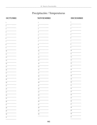 E l Huer to S u stent able
102
Precipitación / Temperaturas
1
_______________
2
_______________
3
_______________
4
_______________
5
_______________
6
_______________
7
_______________
8
_______________
9
_______________
10
_______________
11
_______________
12
_______________
13
_______________
14
_______________
15
_______________
16
_______________
17
_______________
18
_______________
19
_______________
20
_______________
21
_______________
22
_______________
23
_______________
24
_______________
25
_______________
26
_______________
27
_______________
28
_______________
29
_______________
30
_______________
31
_______________
1
_______________
2
_______________
3
_______________
4
_______________
5
_______________
6
_______________
7
_______________
8
_______________
9
_______________
10
_______________
11
_______________
12
_______________
13
_______________
14
_______________
15
_______________
16
_______________
17
_______________
18
_______________
19
_______________
20
_______________
21
_______________
22
_______________
23
_______________
24
_______________
25
_______________
26
_______________
27
_______________
28
_______________
29
_______________
30
_______________
1
_______________
2
_______________
3
_______________
4
_______________
5
_______________
6
_______________
7
_______________
8
_______________
9
_______________
10
_______________
11
_______________
12
_______________
13
_______________
14
_______________
15
_______________
16
_______________
17
_______________
18
_______________
19
_______________
20
_______________
21
_______________
22
_______________
23
_______________
24
_______________
25
_______________
26
_______________
27
_______________
28
_______________
29
_______________
30
_______________
31
_______________
OCTUBRE NOVIEMBRE DICIEMBRE
 