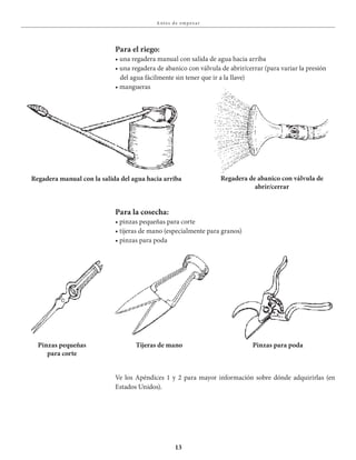 13
A ntes de empe z a r
Ve los Apéndices 1 y 2 para mayor información sobre dónde adquirirlas (en
Estados Unidos).
Para el riego:
•	una	regadera	manual	con	salida	de	agua	hacia	arriba
•	una	regadera	de	abanico	con	válvula	de	abrir/cerrar	(para	variar	la	presión	
del agua fácilmente sin tener que ir a la llave)
•	mangueras
Para la cosecha:
•	pinzas	pequeñas	para	corte
•	tijeras	de	mano	(especialmente	para	granos)
•	pinzas	para	poda
Regadera manual con la salida del agua hacia arriba Regadera de abanico con válvula de
abrir/cerrar
Pinzas pequeñas
para corte
Tijeras de mano Pinzas para poda
 