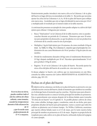 E l Huer to S u stent able
50
Posteriormente puedes introducir esta nueva cifra en la Columna 1 de tu plan
del huerto en lugar del área recomendada en la tabla 3.1. Recuerda que necesitas
ajustar las cifras de las Columnas 4, 6, 8 y 10 de tu plan del huerto para reflejar
esta nueva área. Acuérdate que esto se logra dividiendo la nueva área por 10 m2
y multiplicando el resultado por el número dado en la tabla maestra.
A continuación ponemos un ejemplo de cómo puedes adaptar tu cultivo de fríjol
ejotero para obtener 1 kilogramo por semana:
•	 Busca	“fríjol	ejotero”	en	la	Columna	JJ	de	la	tabla	maestra:	estos	se	pueden	
cosechar durante un período de 12 semanas. Pensemos que sean 10 sema-
nas para propósitos de planeación, ya que las plantas no son tan productivas
al término de la cosecha como lo son al principio.
•	 Multiplica	1	kg	de	fríjol	ejotero	por	10	semanas,	da	como	resultado	10	kg en
total. La Tabla 3.1 (Pág. 15), Columna C, muestra que al principio los ren-
dimientos de una cama Biointensiva de 10 m2 produce 13 kg de ejote de una
siembra.
•	 Divide	los	rendimientos	deseados	(10	kg)	entre	el	rendimiento	Biointensivo	
(13 kg), después multiplícalo por 10 m2. Necesitas aproximadamente 7.6 m2
para producir 10 kg de ejotes.
•	 Registra		7.6	m2 en la Columna 1 de tu plan de huerto. Recuerda ajustar las
otras cifras del plan del huerto de acuerdo con esta nueva área.
Si deseas adaptar tu huerto con cultivos que no mencionamos en este libro,
consulta las tablas maestras de Cultivo BIOINTENSIVO de ALIMENTOS, 6a
edición, pág. 103-133.
Fechas en el plan del huerto
El objetivo de las columnas con fecha en tu plan de huerto es proveerte con una
calendarización concisa del huerto, desde el momento que siembras tus semillas
en el almácigo hasta el momento que las cosechas. El primer paso para desarro-
llar esta calendarización es conocer la fecha principal de siembra en primavera.
Ésta es generalmente una semana después de la última helada suave (consulta
“El clima de mi huerto” en el Capítulo 3). Es posible plantar cultivos de clima
frío, como cebollas, lechuga, papas y zanahorias, antes de esa fecha, pero para
propósitos del plan de huerto para principiantes, vamos a asumir que todos los
cultivos se plantarán casi al mismo tiempo. En Willits, California, asumimos
que nuestra última helada suave es el 15 de mayo, por lo tanto nuestra fecha
principal de siembra en primavera es el 21 de mayo. Registra tu propia fecha de
trasplante para cada cultivo en tu plan de huerto, utilizando el plan de la página
45 como ejemplo.
Si en tu área no nieva,
puedes sembrar todo el
año los cultivos de clima
caliente, como tomates,
cuando las temperaturas
durante el día alcancen los
26 ºC
y por la noche sean
preferentemente	de	
15 ºC o mayores.
 