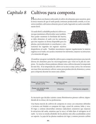 E l Huer to S u stent able
64
Hasta ahora nos hemos enfocando al cultivo de alimentos para nosotros, pero
la única manera de que el suelo pueda continuar produciendo comida, es si no-
sotros también cultivamos alimento para el suelo, logrando un suelo sostenible-
mente fértil.
Unsuelofértilysaludableproducirácultivossa-
nos que mantienen al horticultor sano también.
Para poder mantener la fertilidad del huerto,
se debe alimentar al suelo con los nutrientes
que éste requiere en forma disponible para las
plantas, particularmente si cosechamos y con-
sumimos los vegetales sin regresar nuestros
desperdicios al suelo. También necesitamos reponer regularmente la materia
orgánica en el suelo, eso ayuda a mantener los nutrientes, mejorar su estructura
y la retención del agua.
Al sembrar una gran variedad de cultivos para composta proveemos una mezcla
diversa de alimentos para los microorganismos que viven en la pila de com-
posta. En muchos climas podemos obtener estos cultivos durante la temporada
de más frío. Si la temporada de cultivo en tu área es muy corta y los inviernos
son muy fríos necesitarás cultivar camas para producción de alimentos y camas
para composta durante los meses más cálidos.
Cultivos para compostaCapítulo 8
Es necesario que decidas cuántas camas Biointensivas piensas cultivar, depen-
diendo de tu clima y de tus preferencias.
Una buena mezcla de cultivos de composta en zonas con estaciones definidas
e invierno con heladas se compone de trigo, cereal de centeno, haba y veza.
El trigo y centeno desarrollan sistemas radiculares extensivos que mejoran
la estructura del suelo, mientras que la veza y el haba fijan el nitrógeno en el
suelo. La veza se enreda alrededor de las plantas más altas ayudándolas como
un soporte. La paja de las plantas maduras de trigo y centeno proveen carbón
vErano inviErno
Zonas con invierno frío y
verano corto
Alimentos y cultivos
de composta ---
Zonas con invierno más
templados
Alimentos Cultivos de composta
 