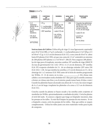 E l Huer to S u stent able
70
Instrucciones de Cultivo: Utiliza 68 g de trigo (1/3 taza ligeramente copeteada)
para 10 m² (Col. BB), o 17 g (1 cucharada + 1 cucharadita) para 2.5 m² (68 g x 2.5
m²/10 m²=17 g). A 12.5 cm de distancia (Col. CC), a una cama de 10 m² le caben
hasta 833 plantas (Col. DD), así que una cama de 2.5 m² contendrá un máximo
de 208 plantas (833 plantas x 2.5 m²/10 m²= 208.25). Para asegurar 208 plántu-
las de trigo para el trasplante, necesitas sembrar 297 semillas de trigo (208/0.70
[la tasa de germinación Col. AA]= 297.1). A 2.5 cm de distancia, 297 semillas
(Col. FF) ocuparán alrededor de 11/5 de un almácigo estándar (297 entre 250
(Col. GG)= 1.18). Así que siembra las semillas a 2.5 cm de distancia en 11/₅ de tu
almácigo de 1 a 2 semanas (Col. HH) antes de la fecha de siembra programada
(en Willits, 15- 21 de enero; en tu área, ______________). (En climas más
cálidos o en invernadero tarda alrededor de 5 días para que la semilla comience
a brotar; en climas más fríos y en el exterior, puede tomar hasta 10 días o más.)
Cuando las plántulas hayan alcanzado una altura de 3 a 4 cm y las raíces tengan
de 4 a 5 cm de largo, trasplanta las plántulas a la cama a 12.5 cm de distancia
(Col. CC).
Cosecha cuando las plantas se hayan secado y las semillas estén crujientes al
morderlas (en Willits, aproximadamente a mediados de julio). Corta las plantas
al nivel del suelo. Si conoces a alguien que tenga un limpiador mecánico, deja
las panojas en los tallos. Es más fácil limpiar las panojas de esta manera. Si vas
a limpiarlo a mano, corta las panojas de los tallos. Deja que ambos se sequen
completamente. Utiliza los tallos junto con otros materiales verdes para la pila
de composta.
Trigo (2.5 m²):
CuÁnDo
EmpEzar
CanTiDaD
DE
sEmillas
siEmbra nÚm. mÁx.
DE
plÁnTulas
rEquEriDas
TrasplanTE
a Cama
• 1-2
semanas
antes de la
fecha
programada
para
siembra:
• 15-21/1
en Willits,
• _______
en tu área.
• 17 g
• 1 cucharada+
1 cucharadita
• 297 semillas
• En un
almácigo de
7.5 cm de
profundidad
• cada 2.5 cm
• se utiliza
casi el 1.2
almácigos
208 • Cuando las plántulas
midan de 2.5 a 4 cm
de altura y las
raíces midan de
4 a 5 cm de largo
• cada 12 cm
• el 1/2 en
Willits,
• en tu área:
_____________
 