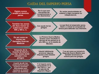 Egipto nunca
aceptó el dominio
persa.
Por lo que eran
frecuentes las
conspiraciones y
los alzamientos.
En varias oportunidades se
sublevó y logró recuperar su
independencia.
También las zonas
del Asia menor se
sublevaron entre
499 y 494 a. C.
Con ayuda de los
griegos.
Lo que llevó al emperador persa,
Darío I, a iniciar la conquista de
Grecia para defender sus intereses.
Es así como se
inician las
llamadas Guerras
Medicas
La Primera Guerra Medica
tendría como resultado la
derrota de los persas en el
año 490 a.c. en la batalla de
Maratón.
Después de la
muerte de Darío I,
su hijo Jerjes tentó
someter a los
griegos
Intentó hábilmente
promover algunas
disputas entre estados
griegos.
Y es así como se iniciaría la
Segunda Guerra Medica que
también terminaría en
victoria para los griegos.
A partir de allí, los
emperadores persas
tuvieron enormes
dificultades para
mantener el control
sobre sus dominios.
Y el imperio sería
conquistado en el
año 330 a.c., por
el ejército de
Alejandro Magno
 