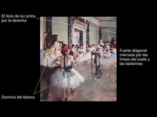 El foco de luz entra por la derecha Dominio del blanco Fuerte diagonal marcada por las líneas del suelo y las bailarinas 