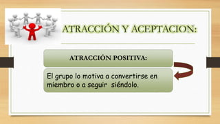 ATRACCIÓN Y ACEPTACION:
ATRACCIÓN POSITIVA:
El grupo lo motiva a convertirse en
miembro o a seguir siéndolo.
 