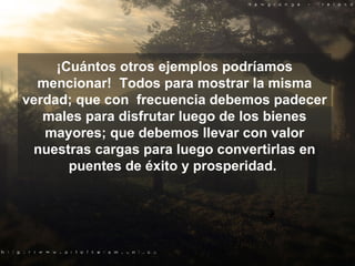 ¡Cuántos otros ejemplos podríamos mencionar!  Todos para mostrar la misma verdad; que con  frecuencia debemos padecer males para disfrutar luego de los bienes mayores; que debemos llevar con valor nuestras cargas para luego convertirlas en puentes de éxito y prosperidad.  
