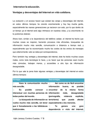 Interneten la educación.
Aylin Jaressy Cordero Cuestas. 1° B
Ventajas y desventajas del Internet en vida cotidiana.
La evolución y el acceso hacen que existan las venjas y desventajas del internet,
en estos últimos tiempos ha crecido enormemente y hoy hay mucha gente,
especialmente las nuevas generaciones ya nacieron con esto, por lo que dentro de
un tiempo ya el internet será algo intrínseco en nuestras vidas, y su crecimiento no
lo podremos detener.
Ahora bien, similar a la dependencia del teléfono celular, el internet ha hecho que
muchas cosas se mejoren, haciendo procesos más eficientes, búsquedas de
información mucho más sencilla, comunicación a distancia a tiempo real, y
especialmente que ha economizado mucho los costos de los envíos de mensajes
que anteriormente solo se daba por correspondencia.
Pero también hay ventajas y desventajas del internet, éste ha traído muchas cosas
malas, como toda tecnología lo hace, y es hacer que las personas sean mucho
más cómodas, trabajen menos, y accesibles a otro tipo de información
desagradable.
Por lo que vale la pena listar algunas ventajas y desventajas del internet en estos
últimos tiempos:
Ventajas Desventajas.
Hace la comunicación mucho
más sencilla.
Es posible conocer e
interactuar con muchas personas de
todas partes del mundo.
La búsqueda de información se
vuelve mucho más sencilla, sin tener
que ir forzadamente a las bibliotecas
tradicionales.
Así como es de fácil encontrar
información buena, es posible
encontrar de la misma forma
información mala, desagradable
(pornografía, violencia explícita,
terrorismo) que puede afectar
especialmente a los menores.
Te genera una gran
dependencia o vicio del internet,
 
