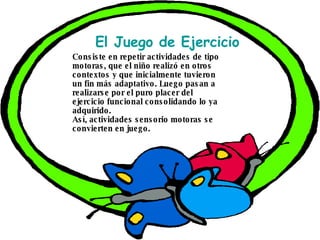 Consiste en repetir actividades de tipo motoras, que el niño realizó en otros contextos y que inicialmente tuvieron un fin más adaptativo. Luego pasan a  realizarse por el puro placer del ejercicio funcional consolidando lo ya adquirido. Así, actividades sensorio motoras se convierten en juego. El Juego de Ejercicio 