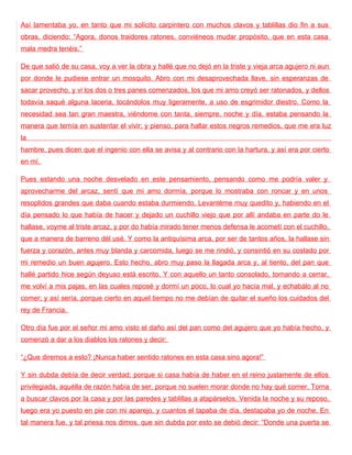 Así lamentaba yo, en tanto que mi solícito carpintero con muchos clavos y tablillas dio fin a sus
obras, diciendo: “Agora, donos traidores ratones, conviéneos mudar propósito, que en esta casa
mala medra tenéis.”

De que salió de su casa, voy a ver la obra y hallé que no dejó en la triste y vieja arca agujero ni aun
por donde le pudiese entrar un mosquito. Abro con mi desaprovechada llave, sin esperanzas de
sacar provecho, y vi los dos o tres panes comenzados, los que mi amo creyó ser ratonados, y dellos
todavía saqué alguna laceria, tocándolos muy ligeramente, a uso de esgrimidor diestro. Como la
necesidad sea tan gran maestra, viéndome con tanta, siempre, noche y día, estaba pensando la
manera que ternía en sustentar el vivir; y pienso, para hallar estos negros remedios, que me era luz
la
hambre, pues dicen que el ingenio con ella se avisa y al contrario con la hartura, y así era por cierto
en mí.

Pues estando una noche desvelado en este pensamiento, pensando como me podría valer y
aprovecharme del arcaz, sentí que mi amo dormía, porque lo mostraba con roncar y en unos
resoplidos grandes que daba cuando estaba durmiendo. Levantéme muy quedito y, habiendo en el
día pensado lo que había de hacer y dejado un cuchillo viejo que por allí andaba en parte do le
hallase, voyme al triste arcaz, y por do había mirado tener menos defensa le acometí con el cuchillo,
que a manera de barreno dél usé. Y como la antiquísima arca, por ser de tantos años, la hallase sin
fuerza y corazón, antes muy blanda y carcomida, luego se me rindió, y consintió en su costado por
mi remedio un buen agujero. Esto hecho, abro muy paso la llagada arca y, al tiento, del pan que
hallé partido hice según deyuso está escrito. Y con aquello un tanto consolado, tornando a cerrar,
me volví a mis pajas, en las cuales reposé y dormí un poco, lo cual yo hacía mal, y echabálo al no
comer; y así sería, porque cierto en aquel tiempo no me debían de quitar el sueño los cuidados del
rey de Francia.

Otro día fue por el señor mi amo visto el daño así del pan como del agujero que yo había hecho, y
comenzó a dar a los diablos los ratones y decir:

“¿Que diremos a esto? ¡Nunca haber sentido ratones en esta casa sino agora!”

Y sin dubda debía de decir verdad; porque si casa había de haber en el reino justamente de ellos
privilegiada, aquélla de razón había de ser, porque no suelen morar donde no hay qué comer. Torna
a buscar clavos por la casa y por las paredes y tablillas a atapárselos. Venida la noche y su reposo,
luego era yo puesto en pie con mi aparejo, y cuantos el tapaba de día, destapaba yo de noche. En
tal manera fue, y tal priesa nos dimos, que sin dubda por esto se debió decir: “Donde una puerta se
 