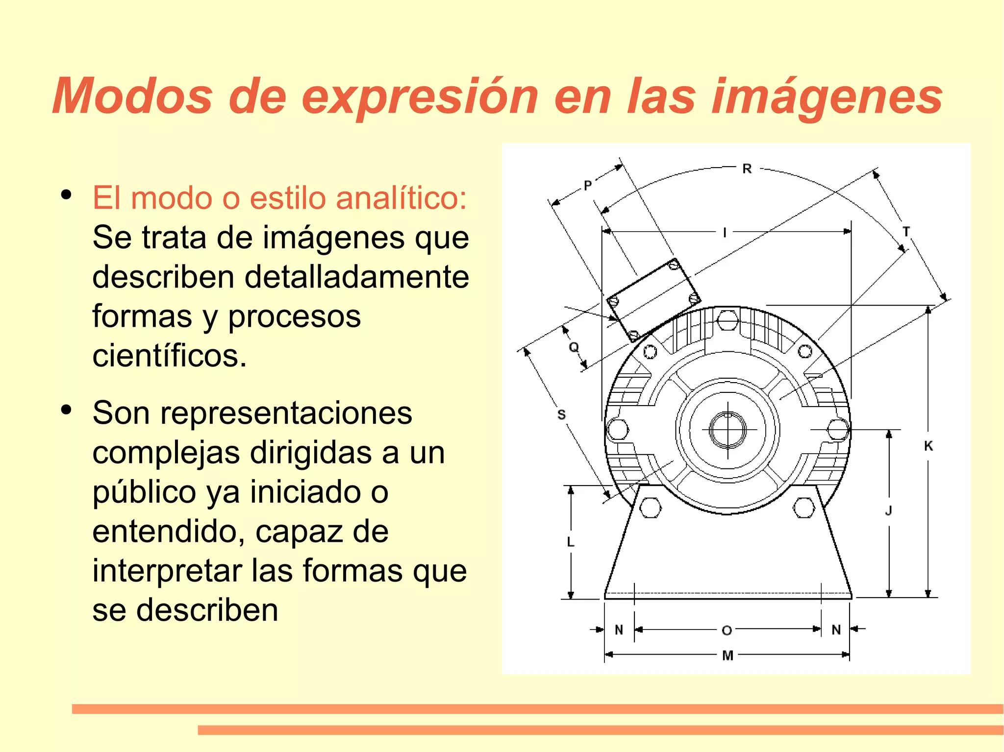 Modos de expresión en las imágenes El modo o estilo analítico:  Se trata de imágenes que describen detalladamente formas y procesos científicos.  Son representaciones complejas dirigidas a un público ya iniciado o entendido, capaz de interpretar las formas que se describen 