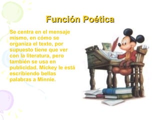 Función Referencial El Profesor Ludwig von Pato nos cuenta que esta función sirve para informar, narrar, caracterizar, definir, clasificar, etc., y que se encuentra preferentemente en informes, narraciones, descripciones. 