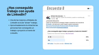 ¿Has conseguido
trabajo con ayuda
de LinkedIn?
Una de las mejores utilidades de
LinkedIn es la de “atraer” trabajo.
Aproximadamente la mitad de las
personas han conseguido un
trabajo o proyecto a través de
LinkedIn.
Encuesta 8
 