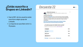 ¿Estás suscrito a
Grupos en LinkedIn?
Casi el 80% de los usuarios están
suscritos a algún grupo de
LinkedIn.
La mayoría se suscriben entre 1 y
10 grupos.
Encuesta 22
 