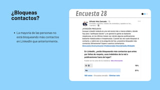 ¿Bloqueas
contactos?
La mayoría de las personas no
está bloqueando más contactos
en LinkedIn que anteriormente.
Encuesta 28
 