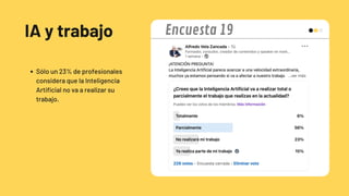 IA y trabajo
Sólo un 23% de profesionales
considera que la Inteligencia
Artificial no va a realizar su
trabajo.
Encuesta 19
 