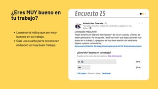 ¿Eres MUY bueno en
tu trabajo?
La mayoría indica que son muy
buenos en su trabajo.
Casi una cuarta parte reconocen
no hacer un muy buen trabajo.
Encuesta 25
 