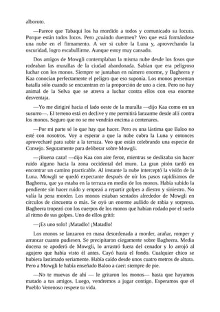 alboroto.
––Parece que Tabaqui los ha mordido a todos y comunicado su locura.
Porque están todos locos. Pero ¿cuándo duermen? Veo que está formándose
una nube en el firmamento. A ver si cubre la Luna y, aprovechando la
oscuridad, logro escabullirme. Aunque estoy muy cansado.
Dos amigos de Mowgli contemplaban la misma nube desde los fosos que
rodeaban las murallas de la ciudad abandonada. Sabían que era peligroso
luchar con los monos. Siempre se juntaban en número enorme, y Bagheera y
Kaa conocían perfectamente el peligro que eso suponía. Los monos presentan
batalla sólo cuando se encuentran en la proporción de uno a cien. Pero no hay
animal de la Selva que se atreva a luchar contra ellos con esa enorme
desventaja.
––Yo me dirigiré hacia el lado oeste de la muralla ––dijo Kaa como en un
susurro––. El terreno está en declive y me permitirá lanzarme desde allí contra
los monos. Seguro que no se me vendrán encima a centenares.
––Por mi parte sé lo que hay que hacer. Pero es una lástima que Baloo no
esté con nosotros. Voy a esperar a que la nube cubra la Luna y entonces
aprovecharé para subir a la terraza. Veo que están celebrando una especie de
Consejo. Seguramente para deliberar sobre Mowgli.
––¡Buena caza! ––dijo Kaa con aire feroz, mientras se deslizaba sin hacer
ruido alguno hacia la zona occidental del muro. La gran pitón tardó en
encontrar un camino practicable. Al instante la nube interceptó la visión de la
Luna. Mowgli se quedó expectante después de oír los pasos rapidísimos de
Bagheera, que ya estaba en la terraza en medio de los monos. Había subido la
pendiente sin hacer ruido y empezó a repartir golpes a diestro y siniestro. No
valía la pena morder. Los monos estaban sentados alrededor de Mowgli en
círculos de cincuenta o más. Se oyó un enorme aullido de rabia y sorpresa.
Bagheera tropezó con los cuerpos de los monos que habían rodado por el suelo
al ritmo de sus golpes. Uno de ellos gritó:
––¡Es uno solo! ¡Matadlo! ¡Matadlo!
Los monos se lanzaron en masa desordenada a morder, arañar, romper y
arrancar cuanto pudiesen. Se precipitaron ciegamente sobre Bagheera. Media
docena se apoderó de Mowgli, lo arrastró fuera del cenador y lo arrojó al
agujero que había visto él antes. Cayó hasta el fondo. Cualquier chico se
hubiera lastimado seriamente. Había caído desde unos cuatro metros de altura.
Pero a Mowgli le había enseñado Baloo a caer: siempre de pie.
––No te muevas de ahí –– le gritaron los monos–– hasta que hayamos
matado a tus amigos. Luego, vendremos a jugar contigo. Esperamos que el
Pueblo Venenoso respete tu vida.
 