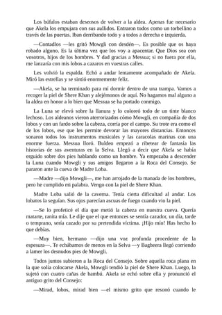 Los búfalos estaban deseosos de volver a la aldea. Apenas fue necesario
que Akela los empujara con sus aullidos. Entraron todos como un torbellino a
través de las puertas. Iban derribando todo y a todos a derecha e izquierda.
––Contadlos ––les gritó Mowgli con desdén––. Es posible que os haya
robado alguno. Es la última vez que los voy a apacentar. Que Dios sea con
vosotros, hijos de los hombres. Y dad gracias a Messua; si no fuera por ella,
me lanzaría con mis lobos a cazaros en vuestras calles.
Les volvió la espalda. Echó a andar lentamente acompañado de Akela.
Miró las estrellas y se sintió enormemente feliz.
––Akela, se ha terminado para mí dormir dentro de una trampa. Vamos a
recoger la piel de Shere Khan y alejémonos de aquí. No hagamos mal alguno a
la aldea en honor a lo bien que Messua se ha portado conmigo.
La Luna se elevó sobre la llanura y lo coloreó todo de un tinte blanco
lechoso. Los aldeanos vieron aterrorizados cómo Mowgli, en compañía de dos
lobos y con un fardo sobre la cabeza, corría por el campo. Su trote era como el
de los lobos, ese que les permite devorar las mayores distancias. Entonces
sonaron todos los instrumentos musicales y las caracolas marinas con una
enorme fuerza. Messua lloró. Buldeo empezó a ribetear de fantasía las
historias de sus aventuras en la Selva. Llegó a decir que Akela se había
erguido sobre dos pies hablando como un hombre. Ya empezaba a descender
la Luna cuando Mowgli y sus amigos llegaron a la Roca del Consejo. Se
pararon ante la cueva de Madre Loba.
––Madre ––dijo Mowgli––, me han arrojado de la manada de los hombres,
pero he cumplido mi palabra. Vengo con la piel de Shere Khan.
Madre Loba salió de la caverna. Tenía cierta dificultad al andar. Los
lobatos la seguían. Sus ojos parecían ascuas de fuego cuando vio la piel.
––Se lo profeticé el día que metió la cabeza en nuestra cueva. Quería
matarte, ranita mía. Le dije que el que entonces se sentía cazador, un día, tarde
o temprano, sería cazado por su pretendida víctima. ¡Hijo mío! Has hecho lo
que debías.
––Muy bien, hermano ––dijo una voz profunda procedente de la
espesura––. Te echábamos de menos en la Selva ––y Bagheera llegó corriendo
a lamer los desnudos pies de Mowgli.
Todos juntos subieron a la Roca del Consejo. Sobre aquella roca plana en
la que solía colocarse Akela, Mowgli tendió la piel de Shere Khan. Luego, la
sujetó con cuatro cañas de bambú. Akela se echó sobre ella y pronunció el
antiguo grito del Consejo:
––Mirad, lobos, mirad bien ––el mismo grito que resonó cuando le
 
