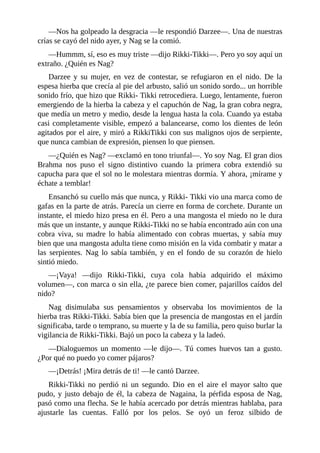 ––Nos ha golpeado la desgracia ––le respondió Darzee––. Una de nuestras
crías se cayó del nido ayer, y Nag se la comió.
––Hummm, sí, eso es muy triste ––dijo Rikki-Tikki––. Pero yo soy aquí un
extraño. ¿Quién es Nag?
Darzee y su mujer, en vez de contestar, se refugiaron en el nido. De la
espesa hierba que crecía al pie del arbusto, salió un sonido sordo... un horrible
sonido frío, que hizo que Rikki- Tikki retrocediera. Luego, lentamente, fueron
emergiendo de la hierba la cabeza y el capuchón de Nag, la gran cobra negra,
que medía un metro y medio, desde la lengua hasta la cola. Cuando ya estaba
casi completamente visible, empezó a balancearse, como los dientes de león
agitados por el aire, y miró a RikkiTikki con sus malignos ojos de serpiente,
que nunca cambian de expresión, piensen lo que piensen.
––¿Quién es Nag? ––exclamó en tono triunfal––. Yo soy Nag. El gran dios
Brahma nos puso el signo distintivo cuando la primera cobra extendió su
capucha para que el sol no le molestara mientras dormía. Y ahora, ¡mírame y
échate a temblar!
Ensanchó su cuello más que nunca, y Rikki- Tikki vio una marca como de
gafas en la parte de atrás. Parecía un cierre en forma de corchete. Durante un
instante, el miedo hizo presa en él. Pero a una mangosta el miedo no le dura
más que un instante, y aunque Rikki-Tikki no se había encontrado aún con una
cobra viva, su madre lo había alimentado con cobras muertas, y sabía muy
bien que una mangosta adulta tiene como misión en la vida combatir y matar a
las serpientes. Nag lo sabía también, y en el fondo de su corazón de hielo
sintió miedo.
––¡Vaya! ––dijo Rikki-Tikki, cuya cola había adquirido el máximo
volumen––, con marca o sin ella, ¿te parece bien comer, pajarillos caídos del
nido?
Nag disimulaba sus pensamientos y observaba los movimientos de la
hierba tras Rikki-Tikki. Sabía bien que la presencia de mangostas en el jardín
significaba, tarde o temprano, su muerte y la de su familia, pero quiso burlar la
vigilancia de Rikki-Tikki. Bajó un poco la cabeza y la ladeó.
––Dialoguemos un momento ––le dijo––. Tú comes huevos tan a gusto.
¿Por qué no puedo yo comer pájaros?
––¡Detrás! ¡Mira detrás de ti! ––le cantó Darzee.
Rikki-Tikki no perdió ni un segundo. Dio en el aire el mayor salto que
pudo, y justo debajo de él, la cabeza de Nagaina, la pérfida esposa de Nag,
pasó como una flecha. Se le había acercado por detrás mientras hablaba, para
ajustarle las cuentas. Falló por los pelos. Se oyó un feroz silbido de
 