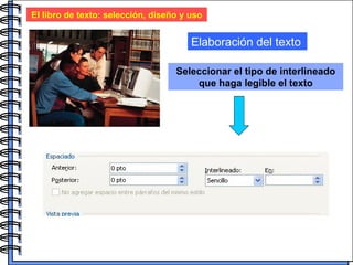 El libro de texto: selección, diseño y uso Elaboración del texto Seleccionar el tipo de interlineado que haga legible el texto 