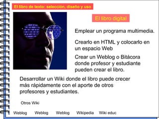 El libro de texto: selección, diseño y uso El libro digital Crearlo en HTML y colocarlo en un espacio Web Crear un Weblog o Bitácora donde profesor y estudiante pueden crear el libro. Desarrollar un Wiki donde el libro puede crecer más rápidamente con el aporte de otros profesores y estudiantes.  Weblog Wikipedia Weblog Weblog Wiki educ Otros Wiki Emplear un programa multimedia.  
