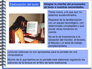 Elaboración del texto Adaptar la interfaz del procesador de texto a nuestras necesidades. Tarea nueva, a la que aun no estamos acostumbrados.  Requiere de la familiarización con un equipo tecnológico, con  determinada complejidad y que pocas veces tomamos en cuenta.  No se le da importancia a la ubicación del monitor, el teclado, el Mouse y un área de trabajo complementaria. Lecturas extensas no son apropiadas para la pantalla de una computadora.  Mucho de lo que leemos en la pantalla está elaborado siguiendo los patrones de la lectura en el libro de texto tradicional.  