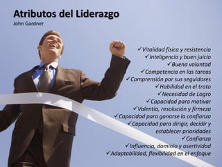 Atributos del Liderazgo
John Gardner



                               Vitalidad física y resistencia
                                  Inteligencia y buen juicio
                                             Buena voluntad
                                Competencia en las tareas
                          Comprensión por sus seguidores
                                       Habilidad en el trato
                                        Necesidad de Logro
                                  Capacidad para motivar
                            Valentía, resolución y firmeza
                      Capacidad para ganarse la confianza
                          Capacidad para dirigir, decidir y
                                       establecer prioridades
                                                  Confianza
                          Influencia, dominio y asertividad
                    Adaptabilidad, flexibilidad en el enfoque
 