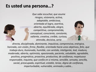 Es usted una persona…?
                         Que sabe escuchar, que asume
                             riesgos, visionaria, activa,
                                adaptable, ambiciosa,
                           orientada al logro, asertiva,
                           abierta, equilibrada, alegre,
                           competitiva, comprometida,
                       conceptual, consciente, constante,
                        valiente, creativa, creíble, curiosa,
                               atrevida, decisiva, seria
     directa, disciplinada, dominante, impulsiva, comprensiva, enérgica,
honrada, con visión, firme, flexible, orientada hacia unos objetivos, feliz, que
  trabaja duro, ilusionada, humilde, con sentido, inteligente, leal, madura,
 moderada, abierta, optimista, apasionada, paciente, saludable, agradable,
    positiva, pragmática, proactiva, productiva, de confianza, respetuosa
  responsable, inquieta, que confía en si misma, sensible, sensata, sencilla,
      social, preocupada, espiritual, estable, tenaz, digna de confianza,
                 imperturbable, vulnerable, animada y sabía…
 
