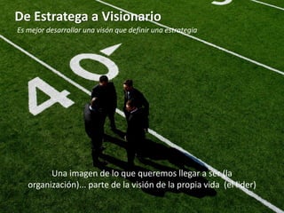 De Estratega a Visionario
Es mejor desarrollar una visón que definir una estrategia




         Una imagen de lo que queremos llegar a ser (la
   organización)... parte de la visión de la propia vida (el lider)
 