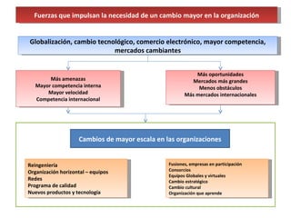 Fuerzas que impulsan la necesidad de un cambio mayor en la organización Globalización, cambio tecnológico, comercio electrónico, mayor competencia, mercados cambiantes Más amenazas Mayor competencia interna Mayor velocidad Competencia internacional Más oportunidades Mercados más grandes Menos obstáculos Más mercados internacionales Reingeniería Organización horizontal – equipos Redes Programa de calidad Nuevos productos y tecnología Fusiones, empresas en participación Consorcios Equipos Globales y virtuales Cambio estratégico Cambio cultural Organización que aprende Cambios de mayor escala en las organizaciones 